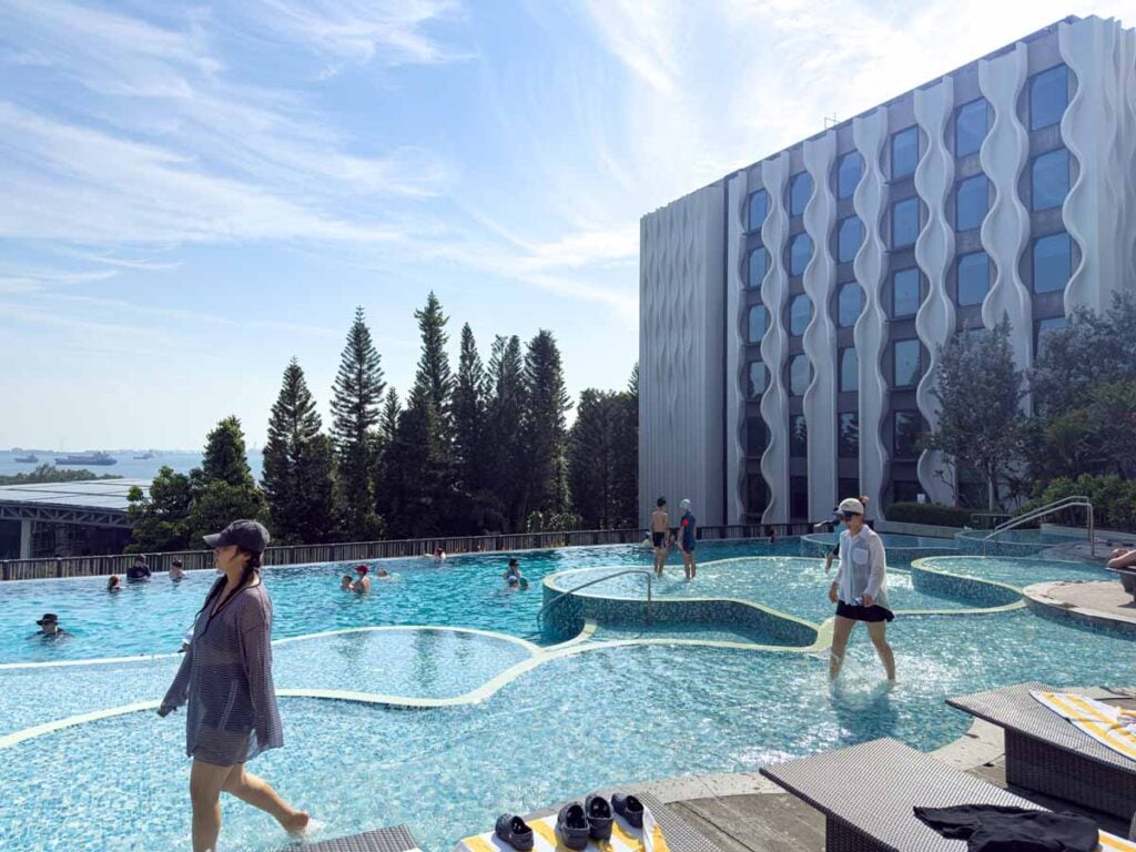 The Pamukkale pool at the Village Hotel Sentosa has an amazing view of the Singapore harbour.