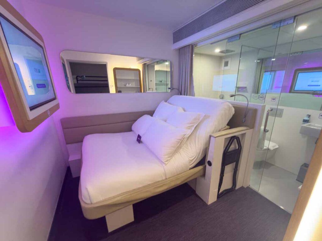 The main bedroom in a Family Cabin at the YOTELAIR Singapore Changi Airport Hotel in the Jewel.