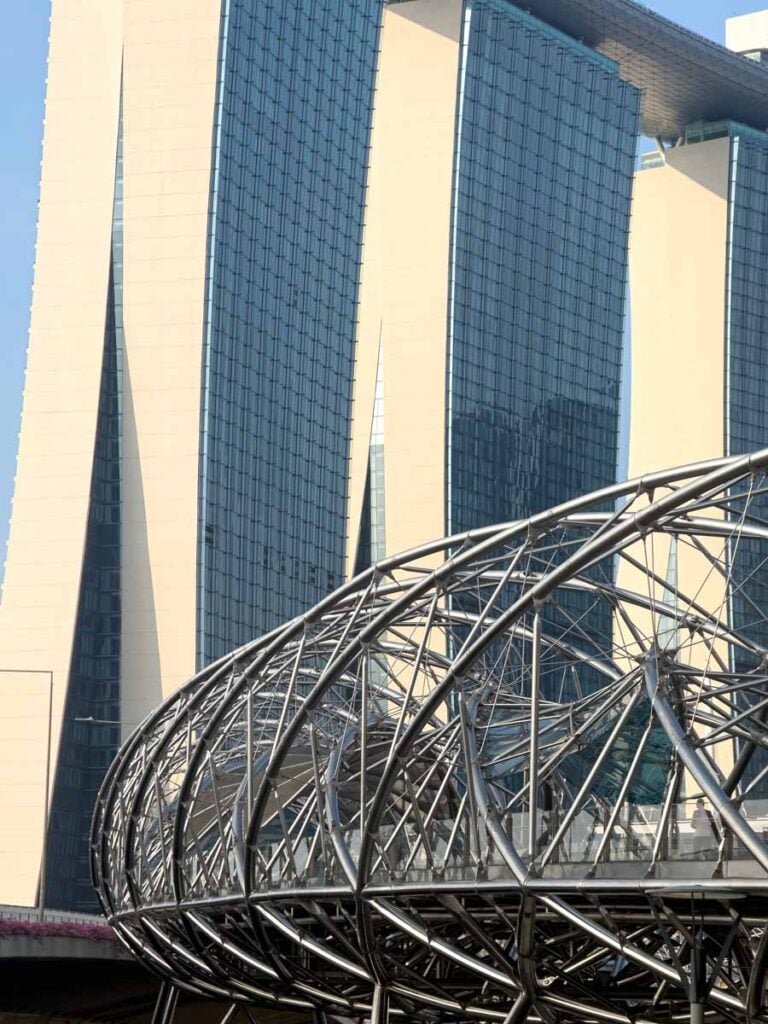 The Helix Bridge in front of the Marina Bay Sands Hotel in Singapore.