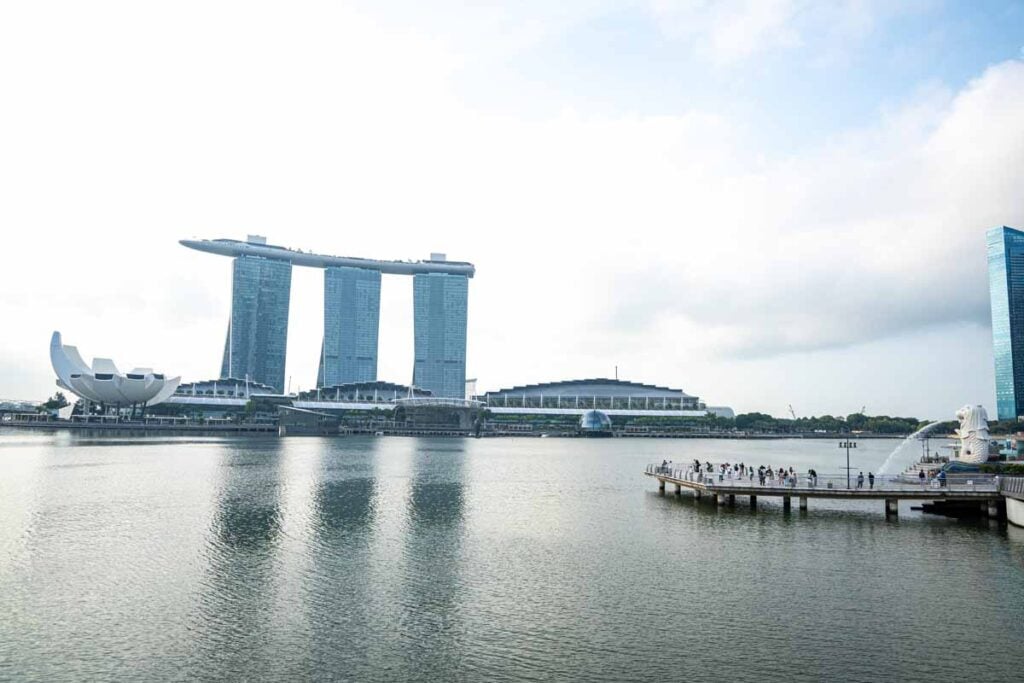 Views of the Merlion, ArtScience Museum and Marina Bay Sands Hotel from the Jubilee Bridge in Singapore.