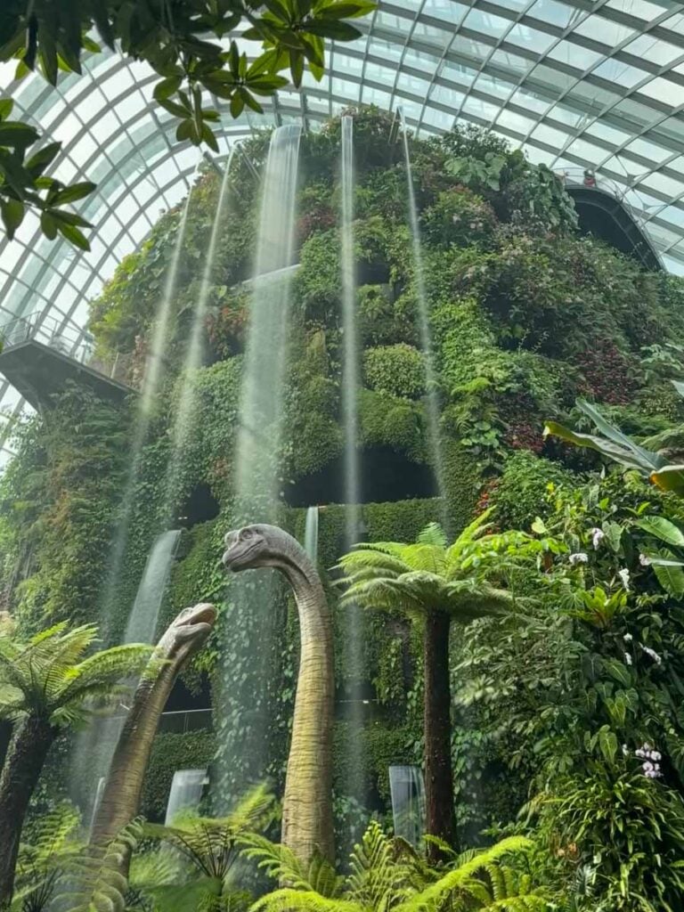 Two Brachiosaurus dinosaurs stand in front of towering waterfalls at the entrance to the Cloud Forest at Gardens by the Bay.