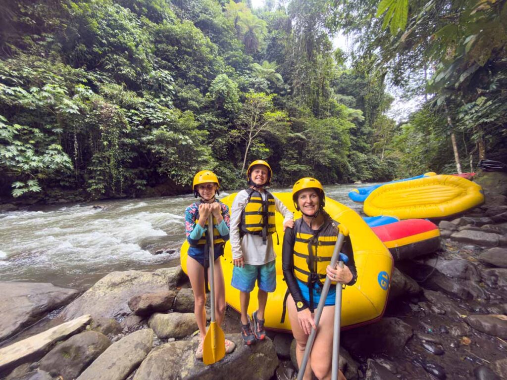 The Brewer family prepares to go white water rafting during a family holiday in Bali, Indonesia.