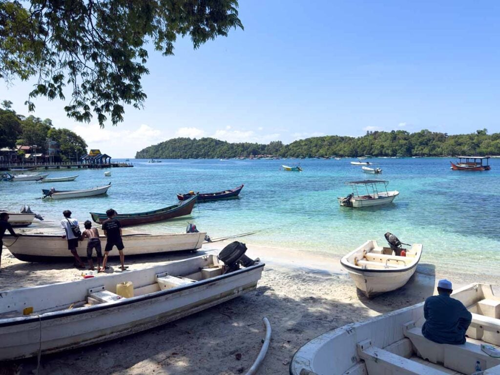 Many boats on Iboih Beach  on Pulau Weh, Indonesia.