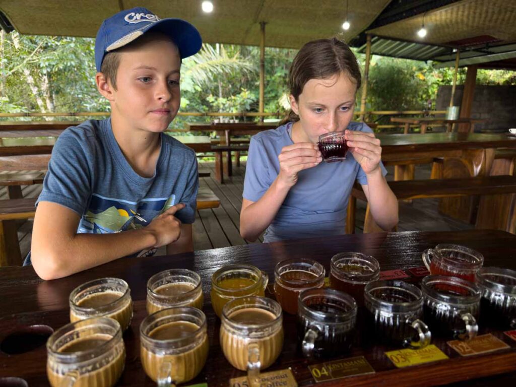 The Brewer kids try a variety of coffees and teas during a tour of a Luwak Coffee Plantation in Bali.