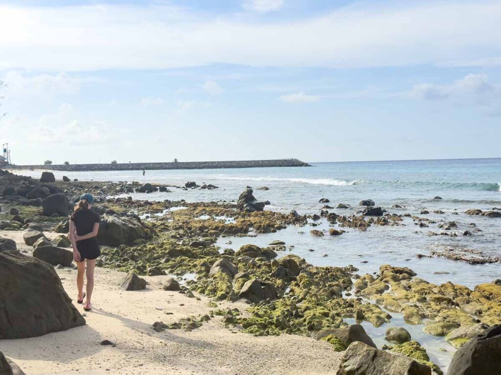 A Brewer child looks for seashells while walking the beach in front of Freddies Santai Sumurtiga resort.