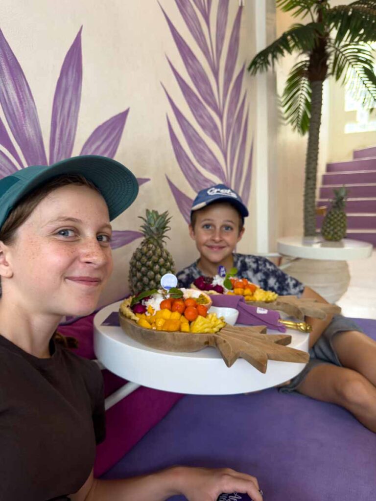 The Brewer kids eat açaí bowls at Açaí Queen in Ubud.