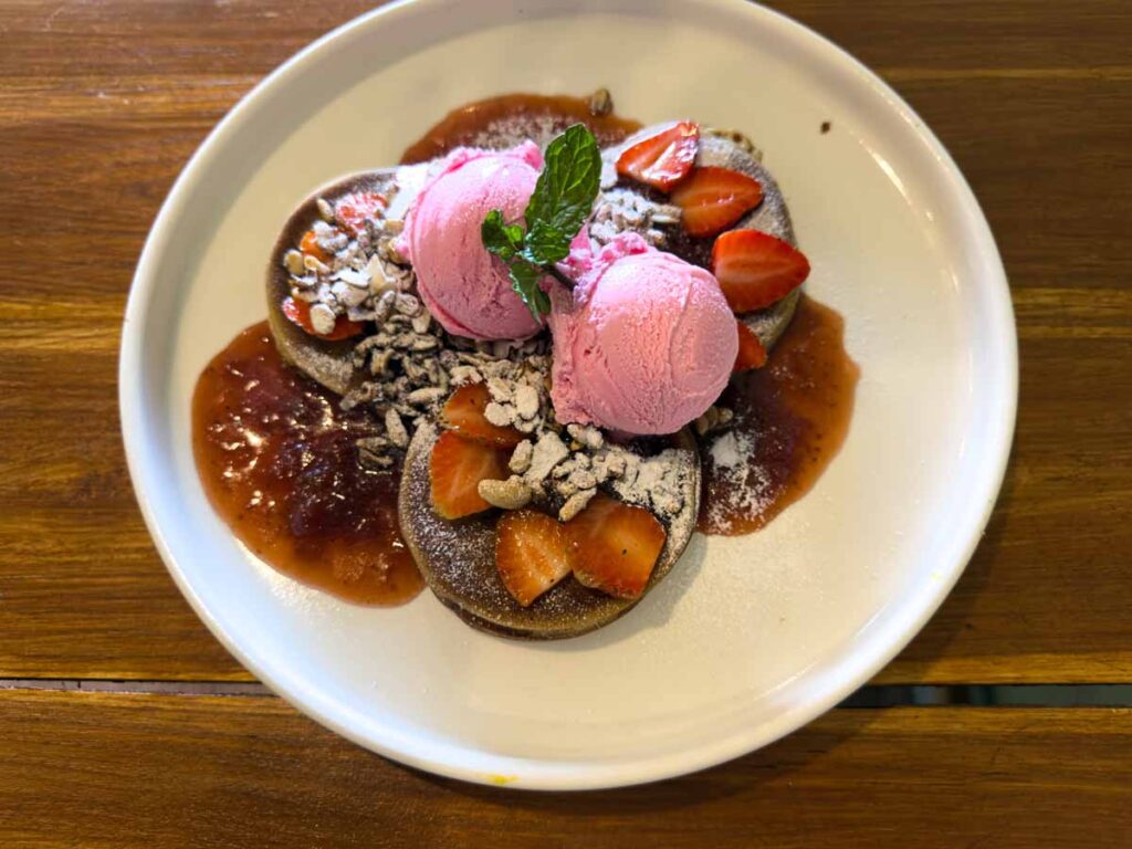 Pancakes with ice cream at Novus Coffee in Ubud, Indonesia.
