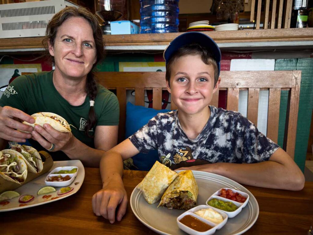 Celine Brewer and her son enjoy Mexican food in Bali at the kid-friendly Taco Fiesta Bali restaurant.