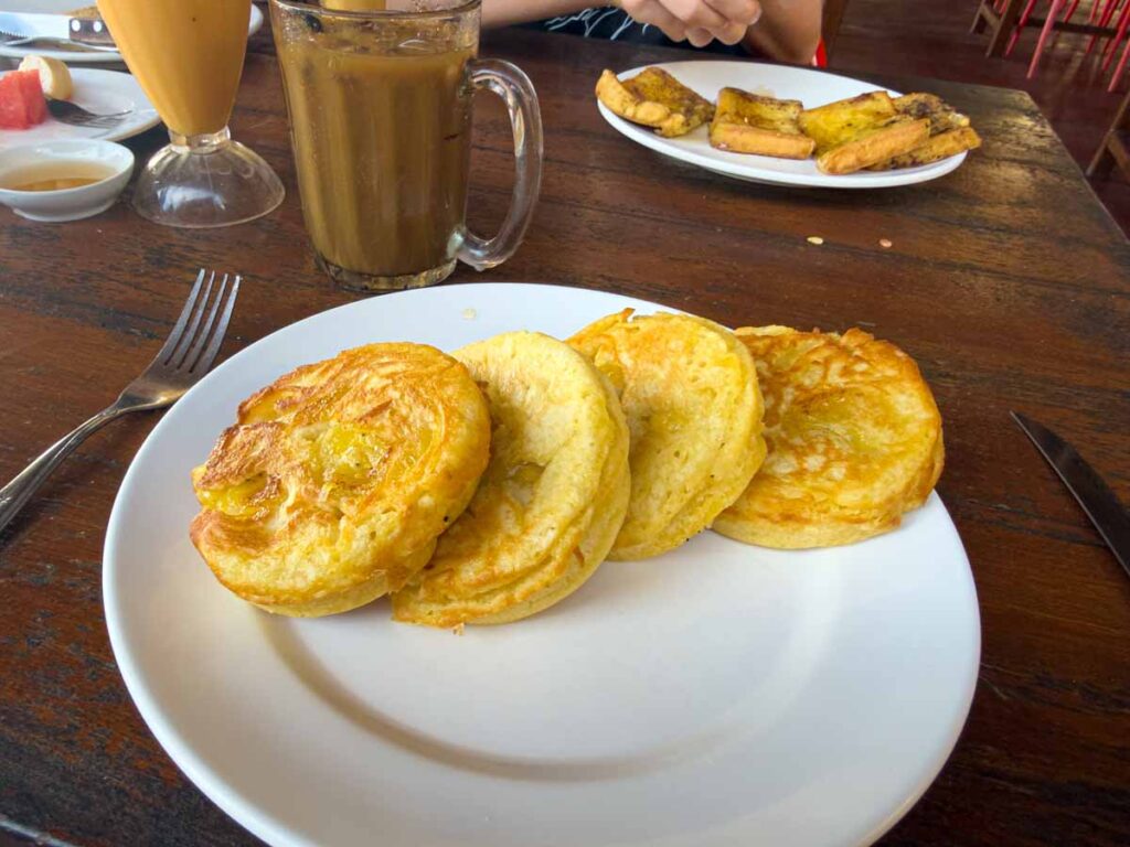 Banana pancakes for breakfast at Freddies Santai Sumurtiga Hotel in Pulau Weh, Indonesia.